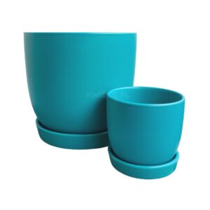 turkusowa doniczka ceramiczna z podstawkiem, matowa